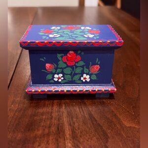 Vintage Small Blue Floral Polish Folk Art Wooden Box hand painted